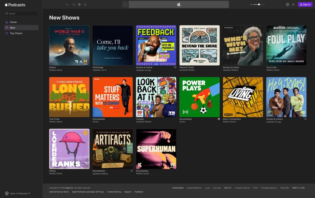 Apple Podcasts New Shows section.